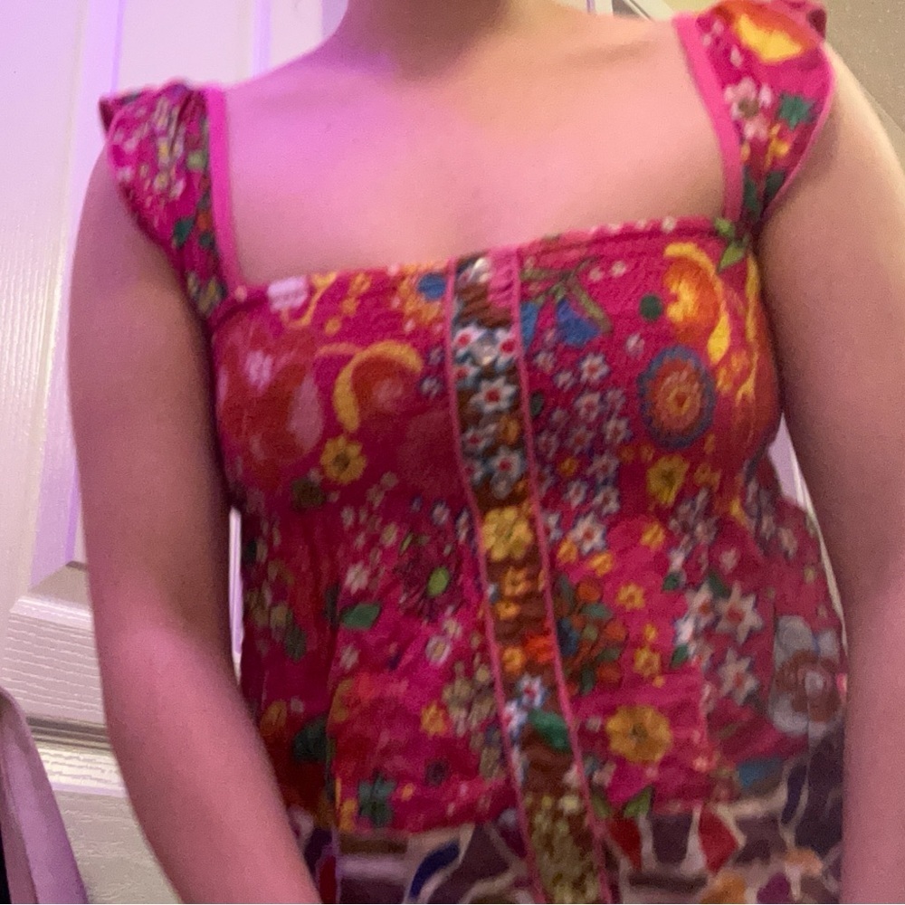100% cotton Floral Pink Women's colorful summer vintage top ruffle sleeve - Picture 4 of 14